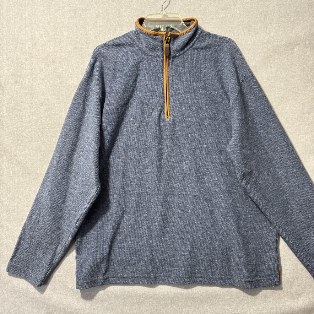 Orvis Sweater Mens Large Blue Quarter Zip Mock Neck‎ Leather Trim Elbow Patches